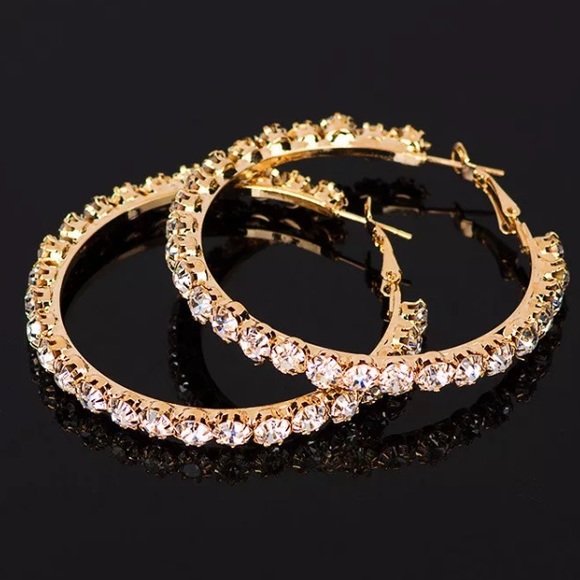 NEW Luxury Round Hoop Gold Double Zircon Earrings - Picture 4 of 5